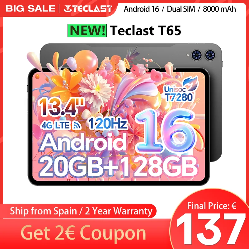 TECLAST T65 13.4インチ Android 16 タブレット Teclast T65 Android 16 Tablet 13.4 inch 1920x1200 120Hz T7280 8