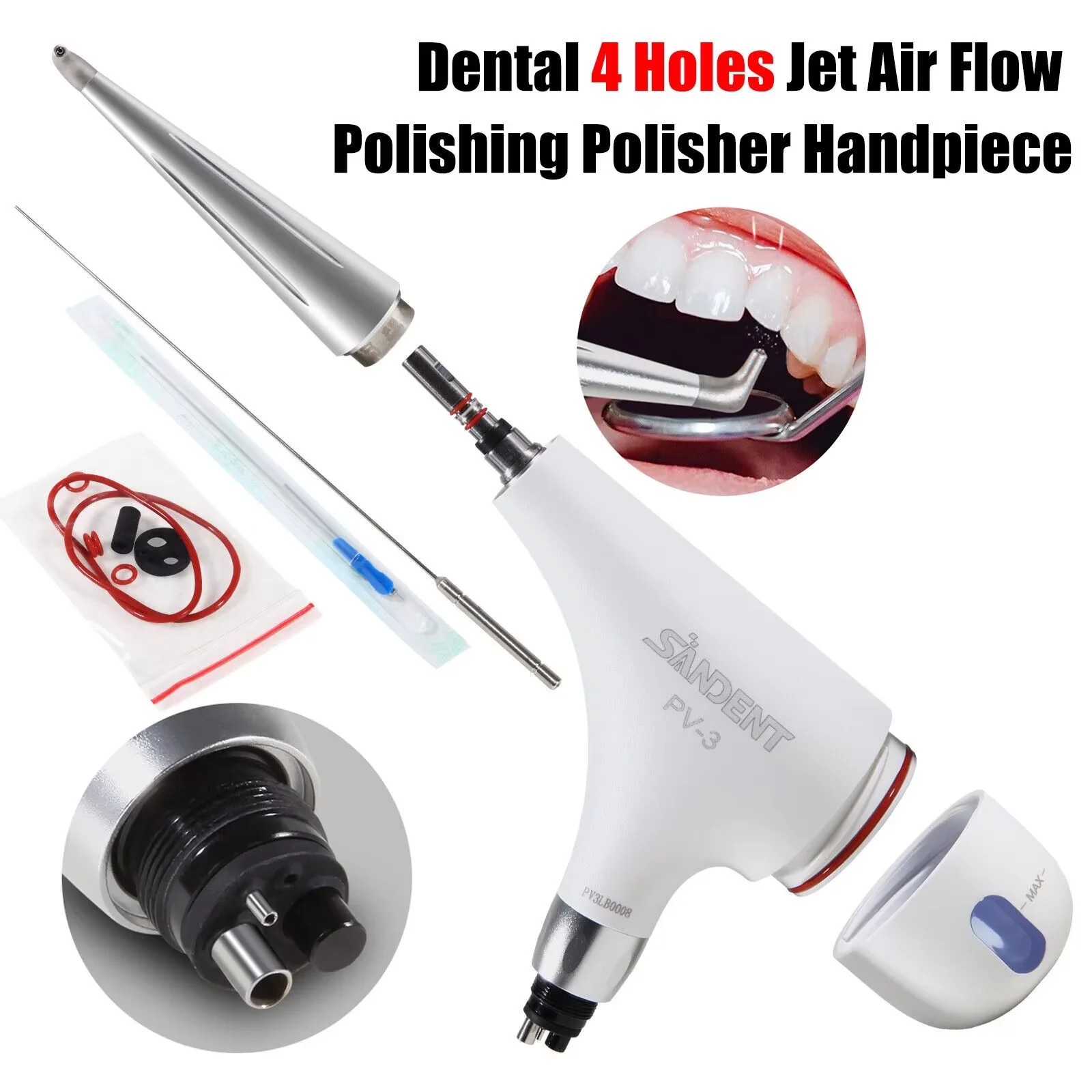 Dental Air Polisher Flow Teeth Polishing Handpiece Hygiene Prophy Jet 4Hole &Tip White Color