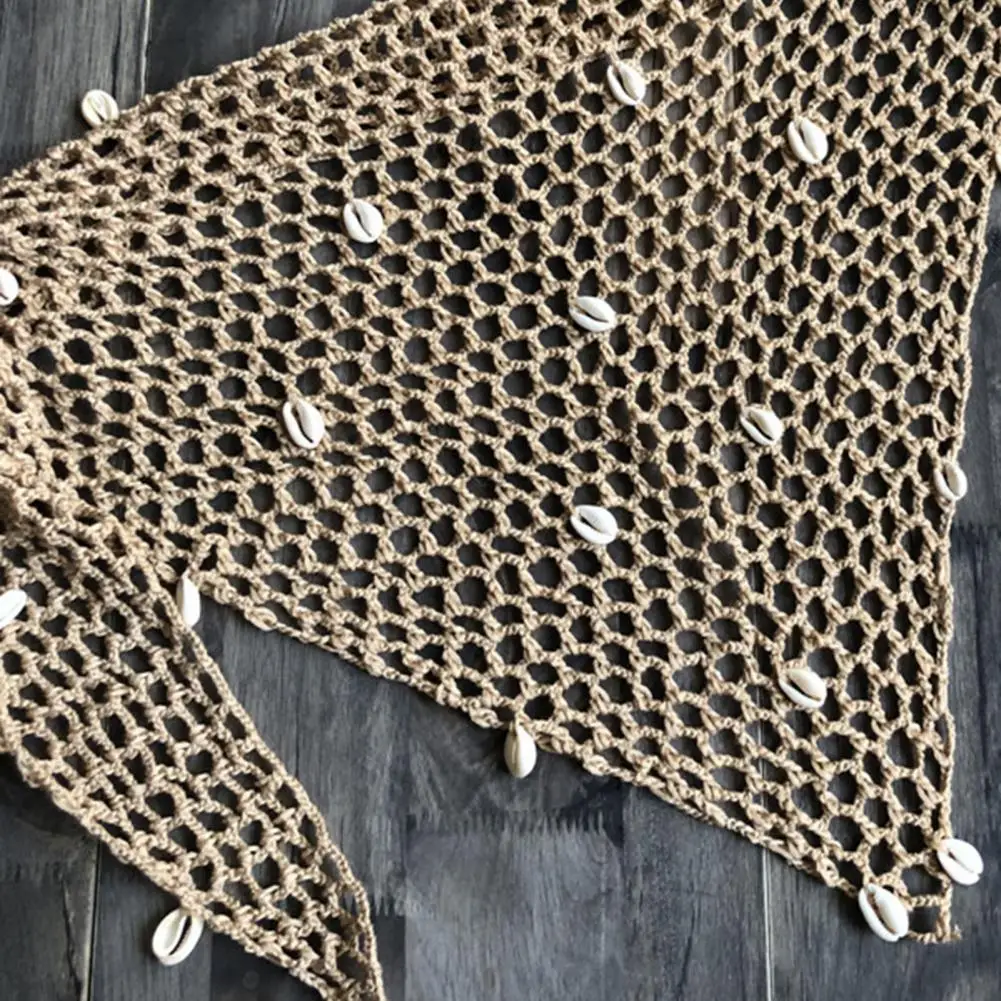 Scialle da donna color kaki con paillettes, scialle da spiaggia impreziosito da conchiglia, bikini a rete cava, copricostume estivo da spiaggia