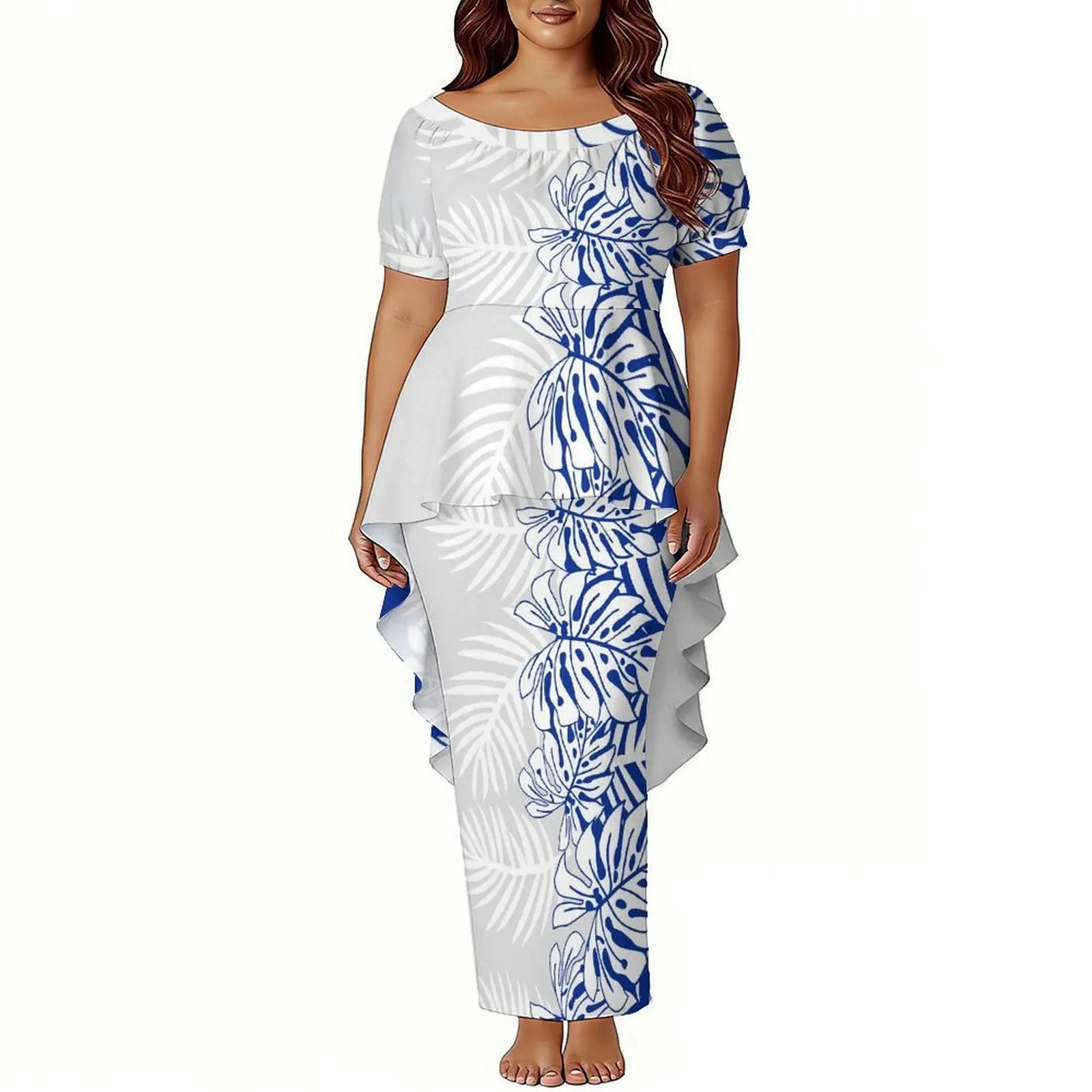 Polynesian Island Women'S Short-Sleeved Puletasi Dress In White For Sunday Samoa Party Mother'S Day Tailcoat-Style Long Dress