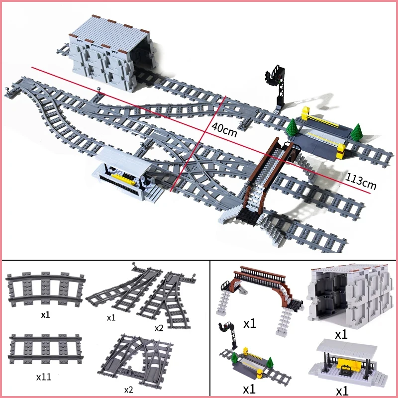 City Train Station Platform Traffic Light Cave Flyover Tracks Straight Curved Rails Building Block Bricks Technican Creative Toy