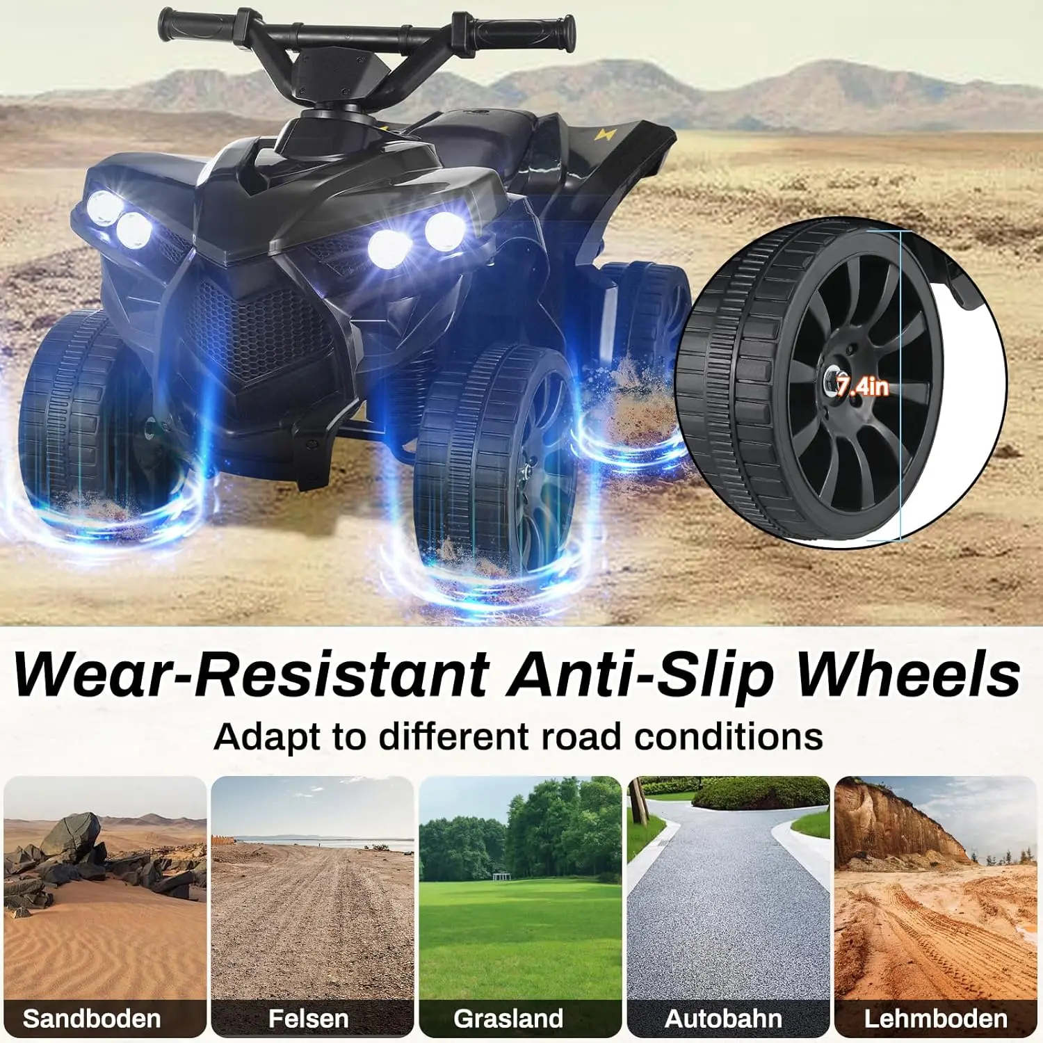 Kinder fahren auf ATV, elektrisches Gelände-Quad-Auto, 6 V, batteriebetrieben, mit Musik, Licht, Schwarz