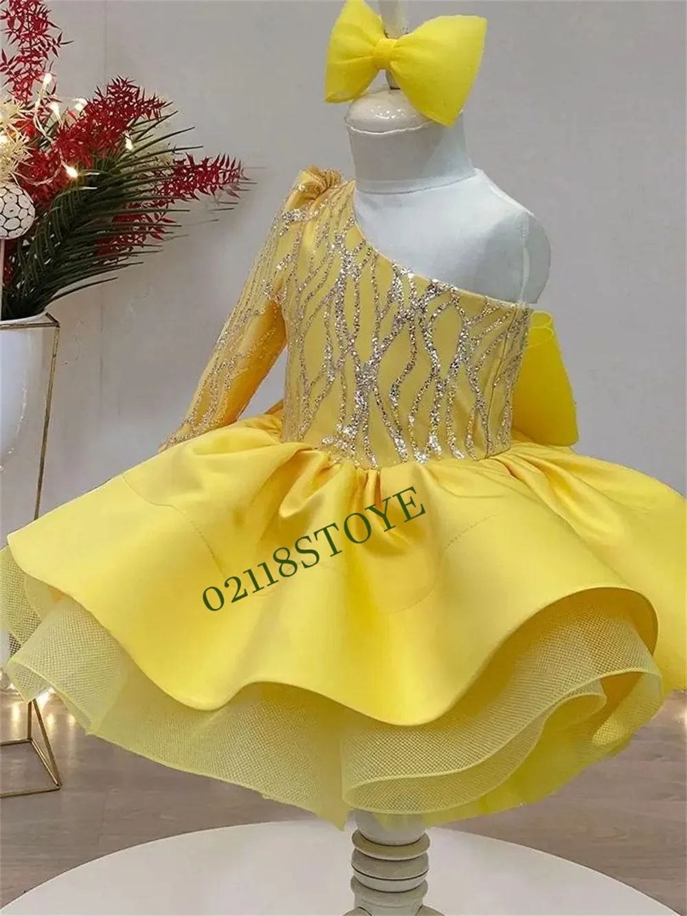 Vestido de tutú amarillo para niña, vestido de princesa de manga larga con un hombro, vestidos hinchados para desfile, primera comunión, cumpleaños, 2022