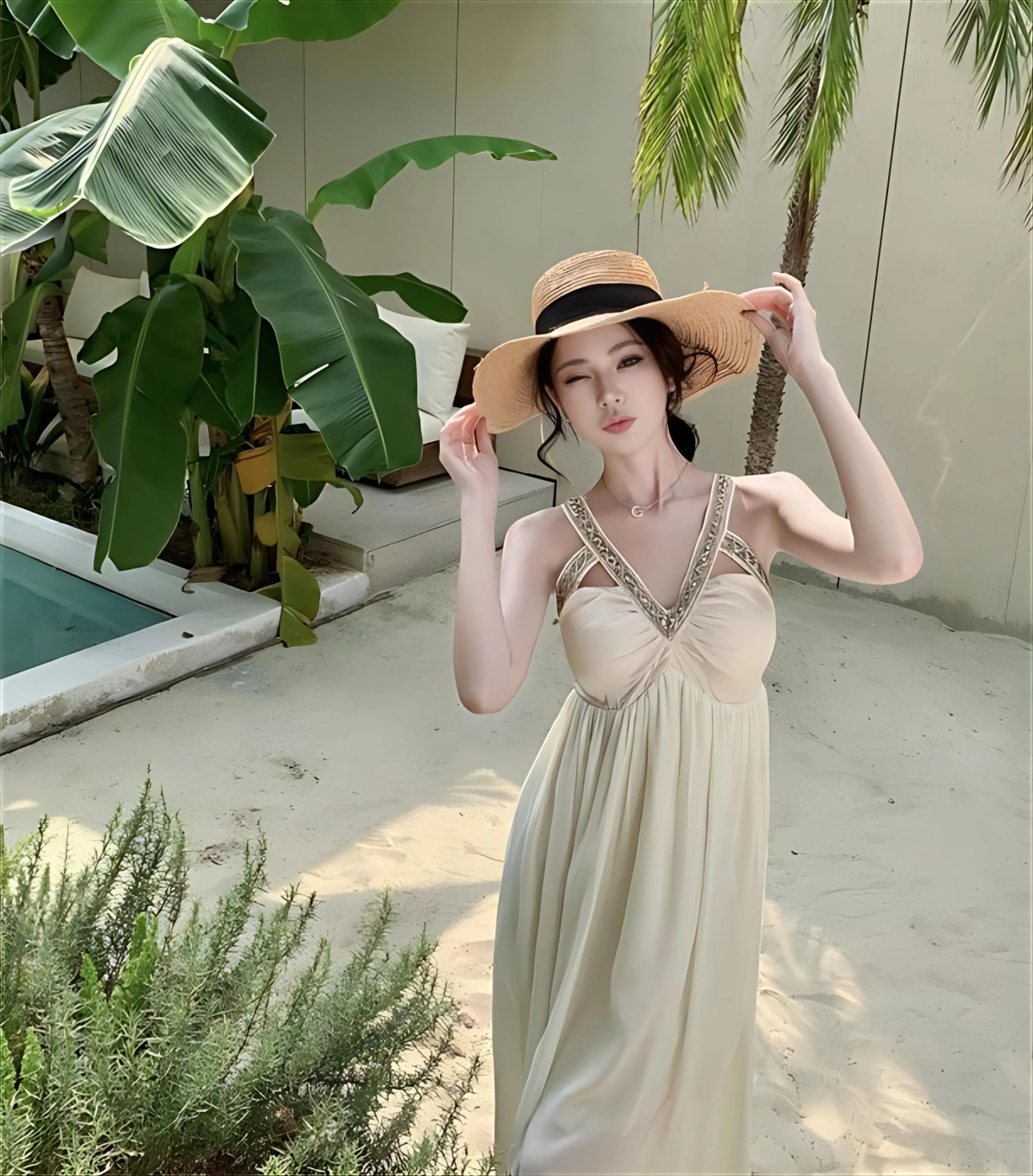 ドレス レディースドレス 原宿 秋 サテン パールトリム付き シャーリング ノースリーブ マーメイドヘム ソワレ フレンチ 絶妙なミニマリストレディ