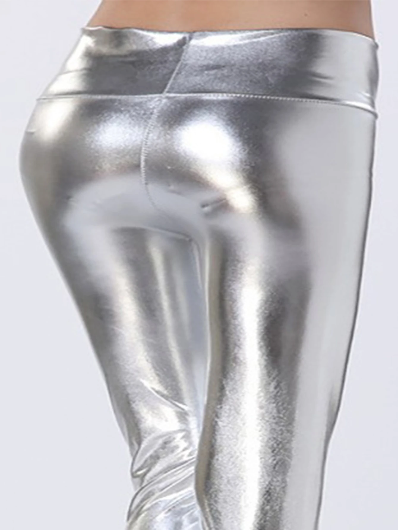 European And American Fashion PU Silver Bright Leather Nine-point Pants High Waist Tight Imitation Leather Night Club Leggings