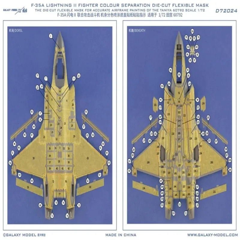 Galaxy D72024 F-35A Lightning II Fighter Colour Separation Die-cut Flexible Mask Tape for Tamiya 60792 Airplane Model DIY Tools