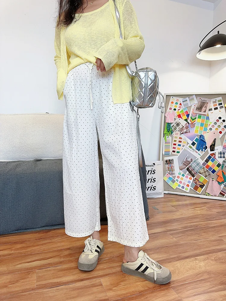 

Летние повседневные брюки в горошек с широкими штанинами, свободные, легкие, с V-образным вырезом, больших размеров, женские, удобные, с эластичной талией