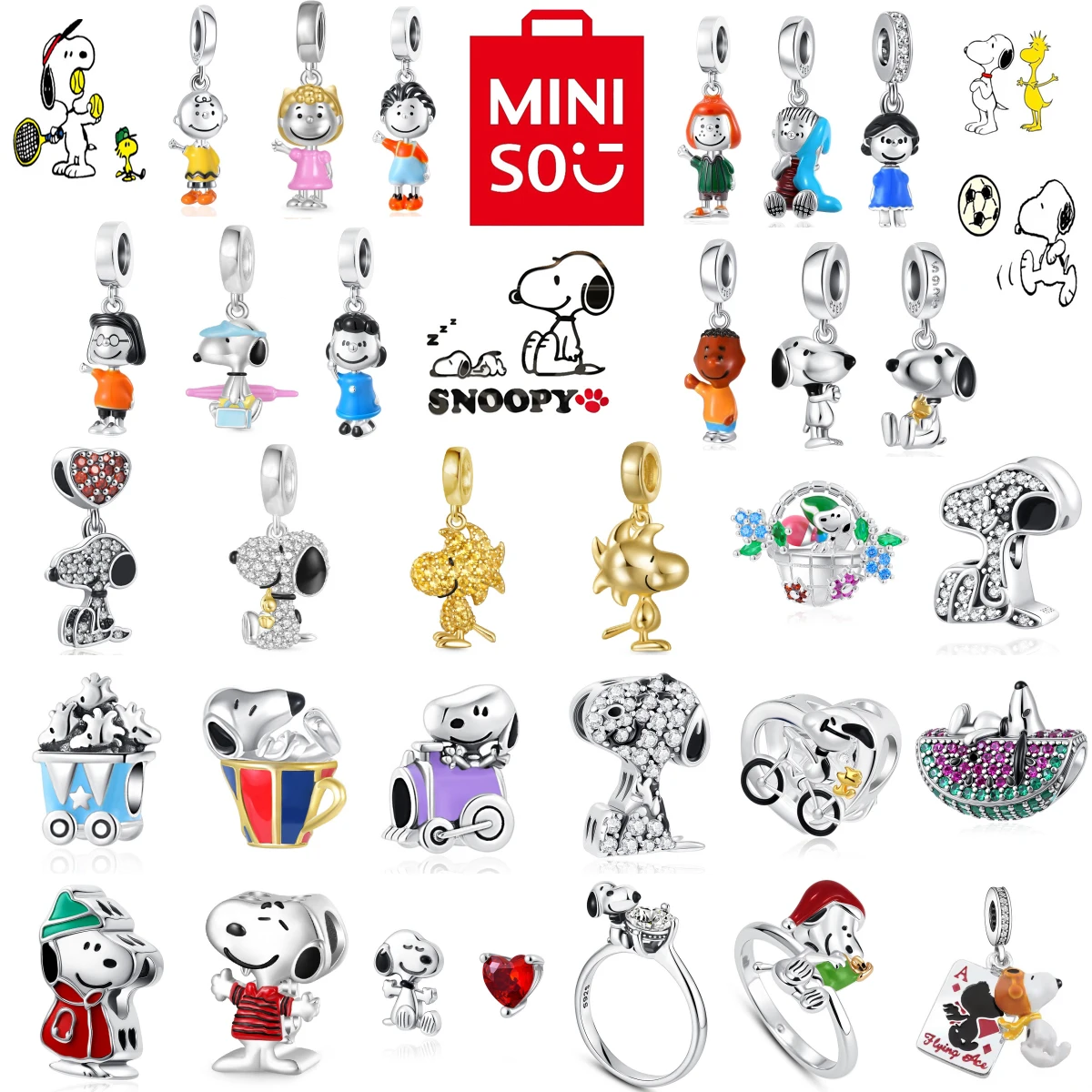 

NPEANUTS @ MINISO Snoopy Charlie Brown Linus Van Подвеска Оригинальный серебряный браслет 925 пробы Подходит для браслета DIY Dangle для женщин 2025