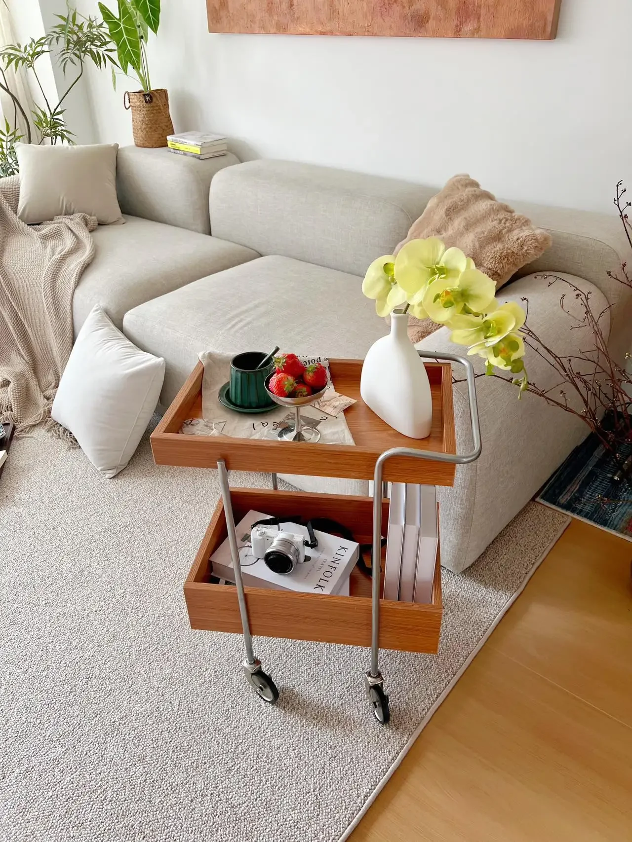 A few small-sized storage racks in the living room beside  retro cart can move the antique angle solid wood