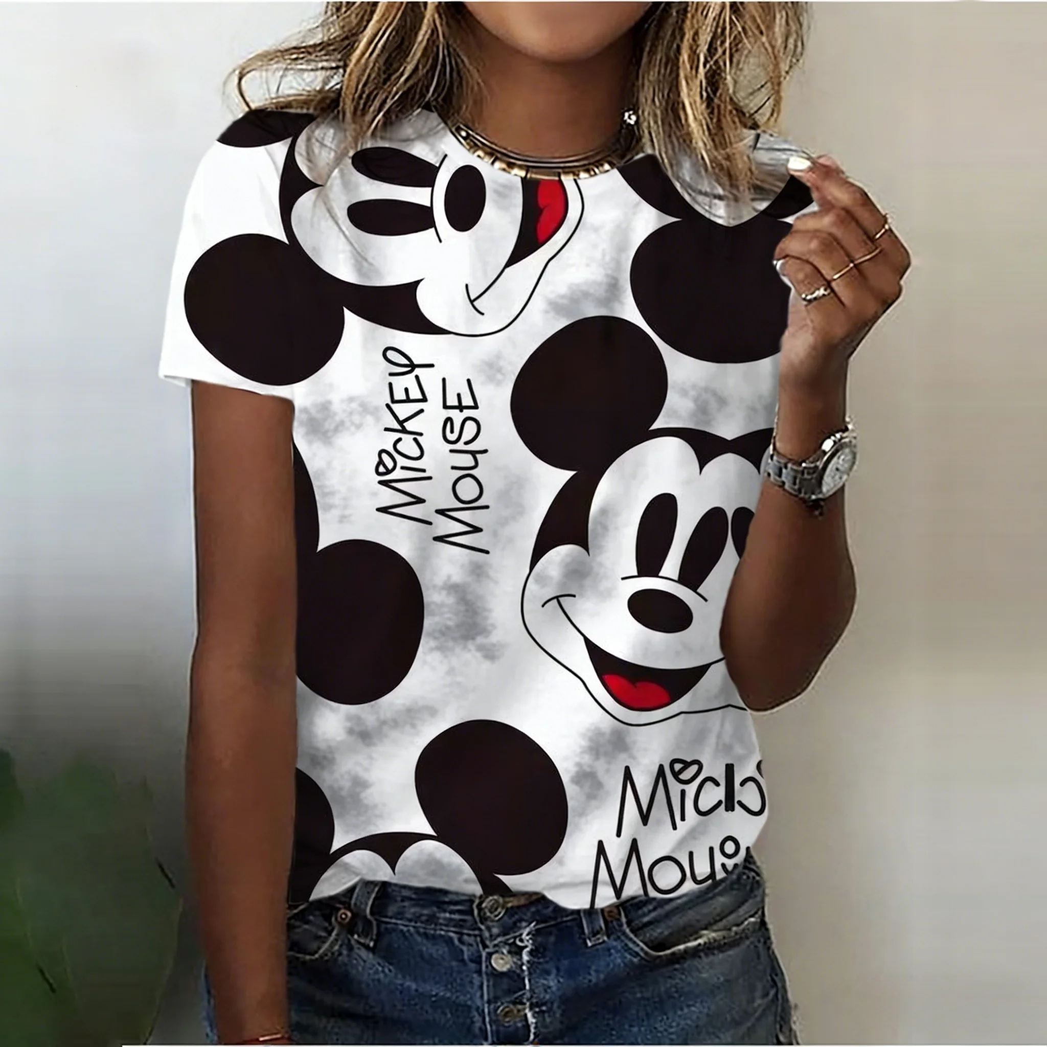 여성 여름 캐주얼 미키 마우스 프린트 티셔츠 카와이 탑 패션 의류 매일 귀여운 스타일 착용에 편안함