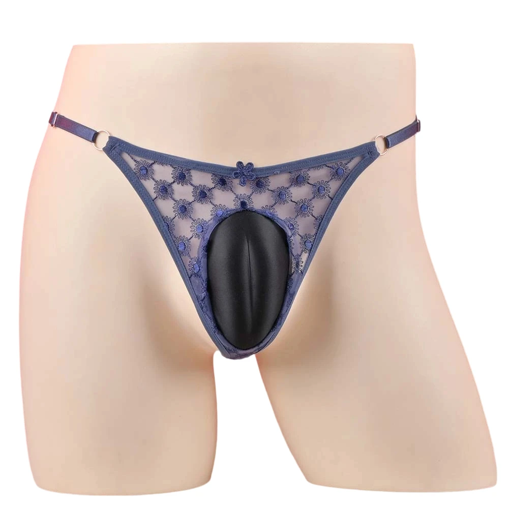 

1pc Men Sexy Thongs Lace Embroidery Sissy G-string Thong Adjustable Pouch Padded Low Rise Brief Breathable Underwear