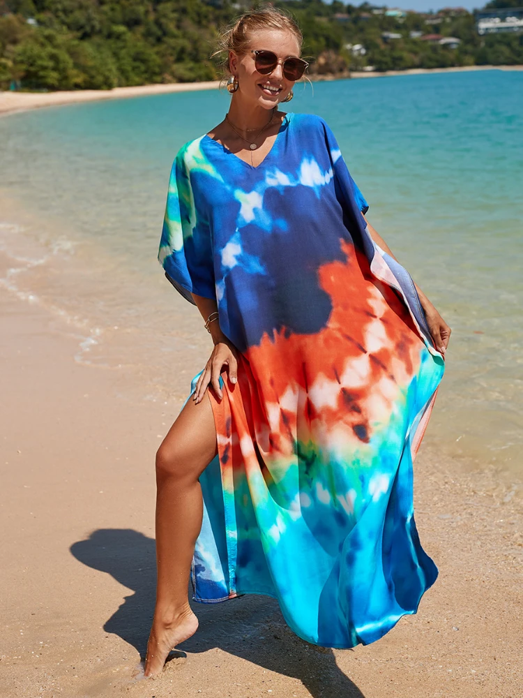 Abiti caftano copricostume da spiaggia donna Bohemian Maxi Robe stampato Tie Dye Rayon Summer Holiday costumi da bagno Dropshipping vendita calda