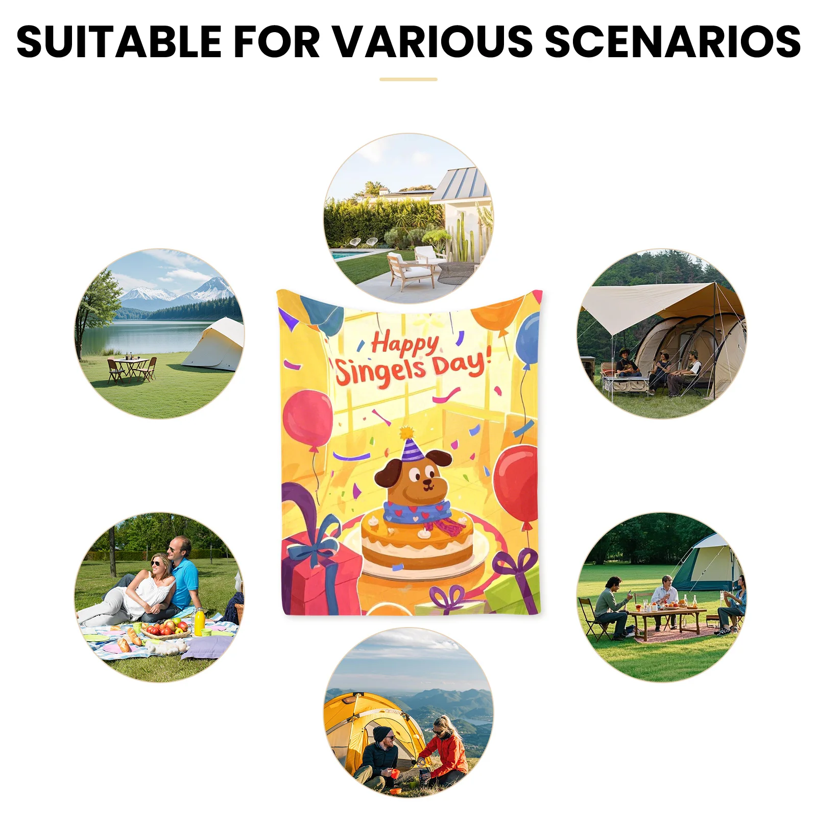 Cartoon Party With Cake Design Outdoor Blanket For Camping Picnic And Nature Adventures With