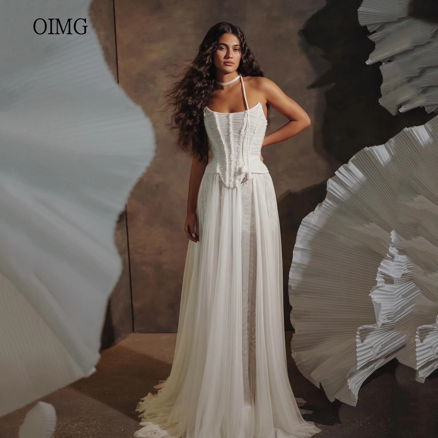 

OIMG Sexy Ivory A-line Wedding Dress Sleeveless Backless Bride Dresses Floor Length Wedding Gowns vestidos de novia Customized