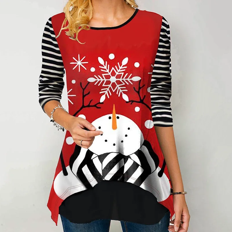 패션 크리스마스 트리 프린트 여성용 레드 긴 소매 풀오버 후드리스 캐주얼 스웨트셔츠 및 크리스마스 블라우스 겨울 가을 탑