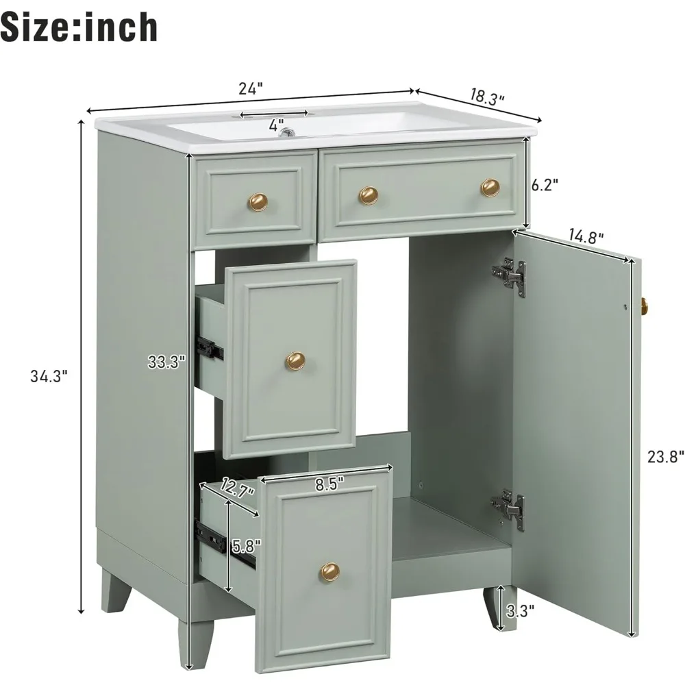 Mueble de baño independiente de 24" con lavabo individual, dos cajones y una puerta