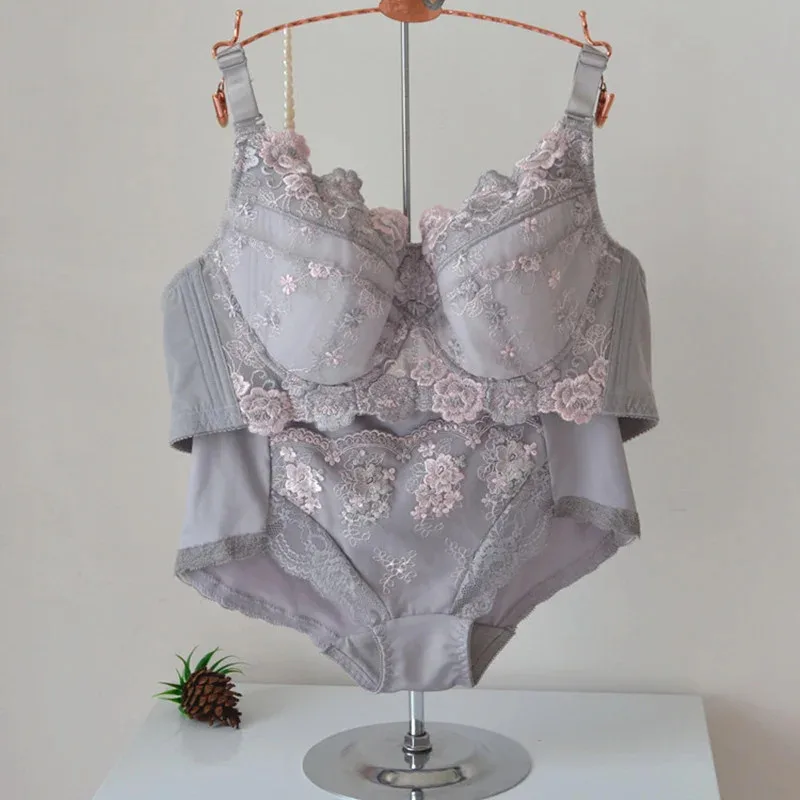 

Женский бюстгальтер больших размеров с вышивкой пуш-ап, бюстгальтер и трусы, комплект нижнего белья, трусики B C D E F G H Cup 34, 36, 38, 40, 42 44 i