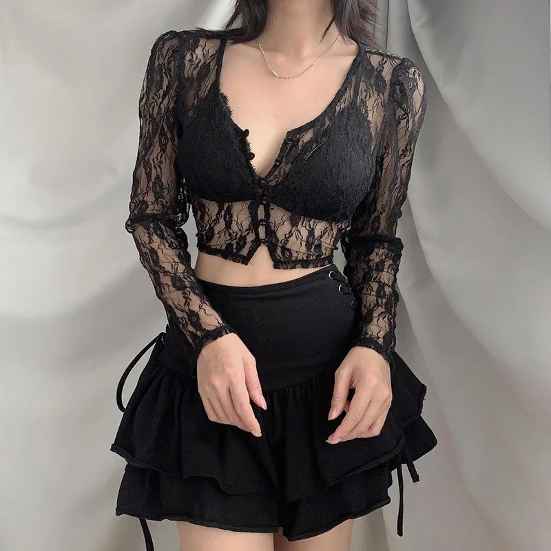 Women Sexy Lace Floral See-Through Crop Top V Neck Long Sleeve Cardigan Spring Summer Button Down Shirt Blouse Y2k Streetwear