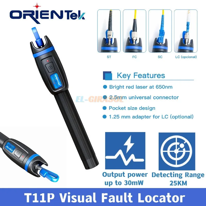 

Orientek T11P VFL Fiber Optic Type Red Light Pen Visual Fault Locator 10/20/30Mw Optical Cable Tester FTTH