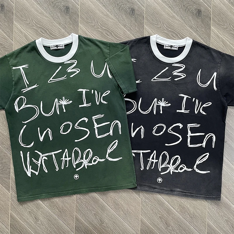 

Vertabrae T-shirt Olive Contrasting Color Patchwork Collar Casual Short-sleeved Tee Real Photo Letter Prints Tops