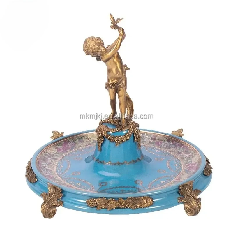 Antique Home Decor Hand Painted Classical European Style Fruit Bowl Luxury Gold Brass Metal Blue Porcelain Tray and Vase Set view 4