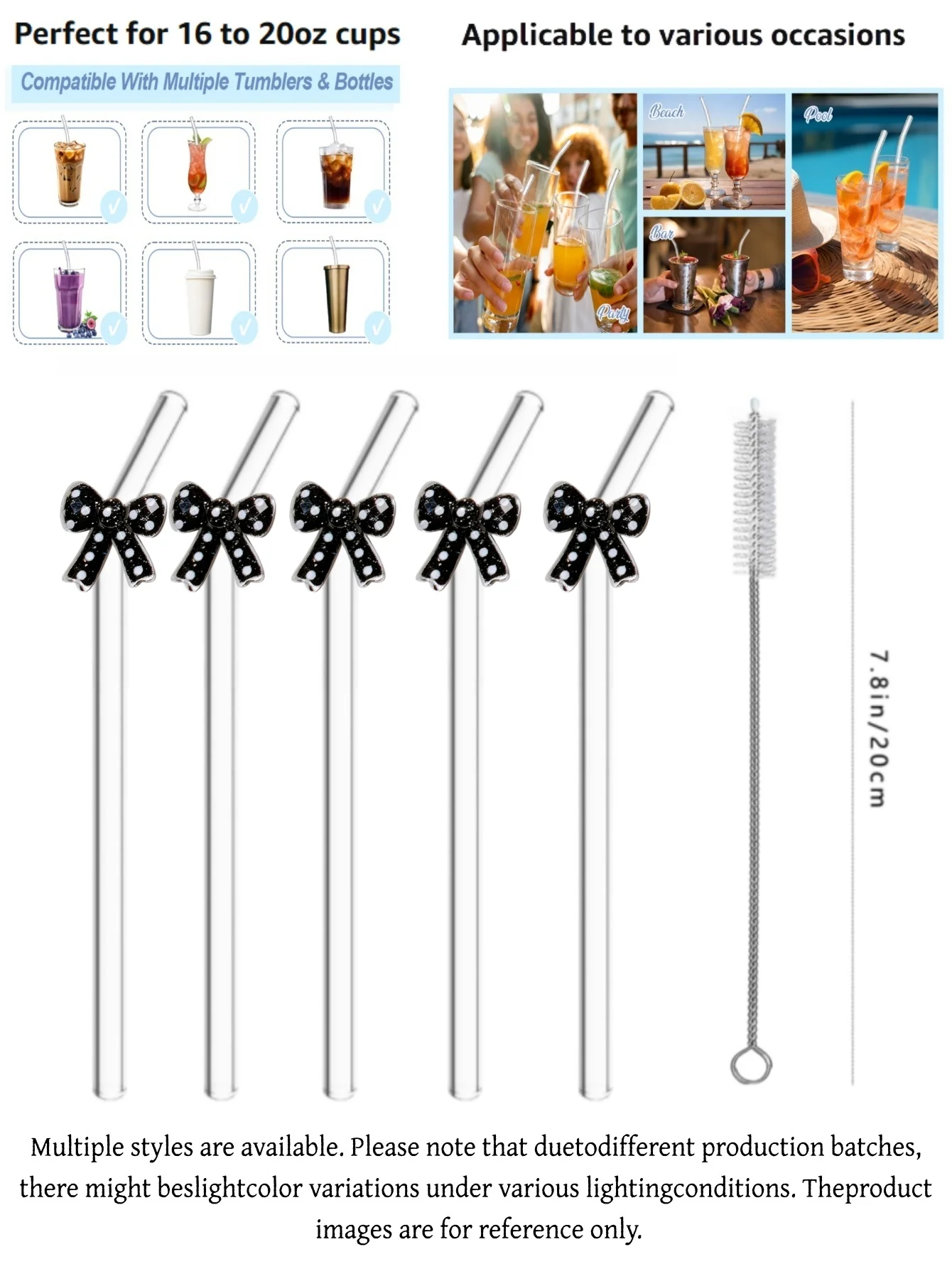 1/3/6PCS Elegant Black Polka Dot Bow Glass Straw – Reusable Curved Transparent Straw with Bow Decor. Perfect for  Drinks