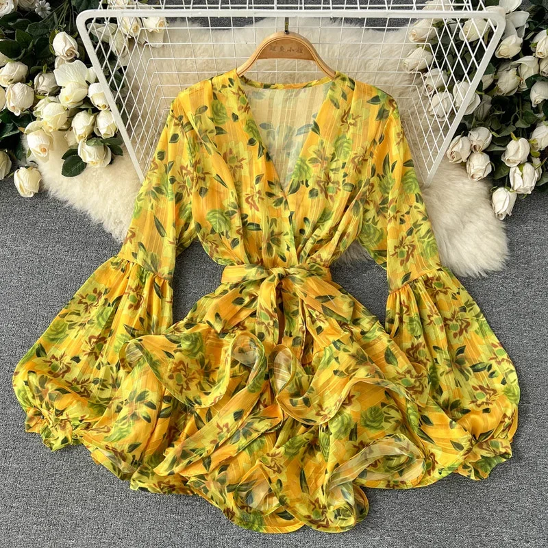 HIkigawa Chic Fashion Korean Dresses For Women Summer V Neck Floral Print Slim Waist Woman Dress Vintage Elegant Vestidos Mujer