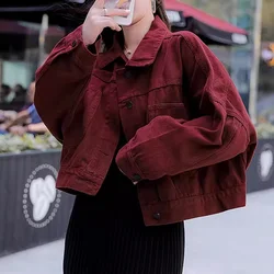 2024 Women Korean Version Short Denim Jacket Spring And Autumn New Loose Casual Red Top Fashion Long Sleeved Work Cowboy Jacket