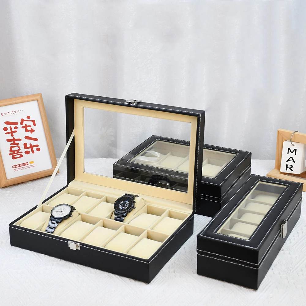 DELESYS Classic Style, Beige/Coffee Colored Inner Watch Box Black Eco-Friendly PU Leather Watch Organizing Storage Display Case