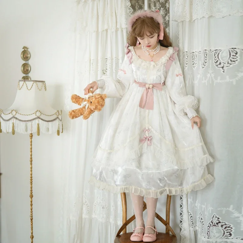 Branco primavera elegante lolita op doce vestido de menina lanterna diária manga longa loli princesa flor casamento vitoriano chá festa xc992