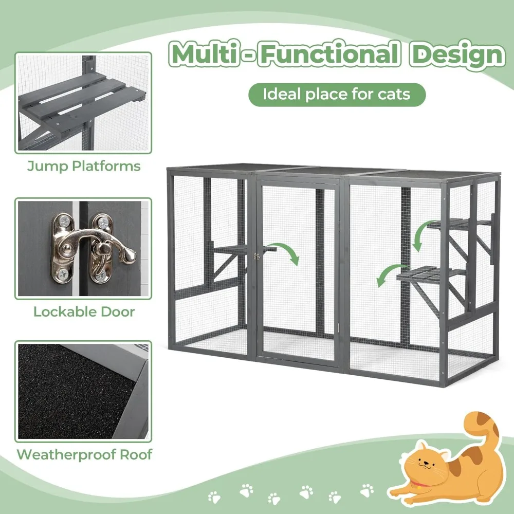 Wooden Cat House Weatherproof, Window Catios with 3 Platforms, Secure Cat Patio & 46 Inches Large Cat Cage with 3 Platforms