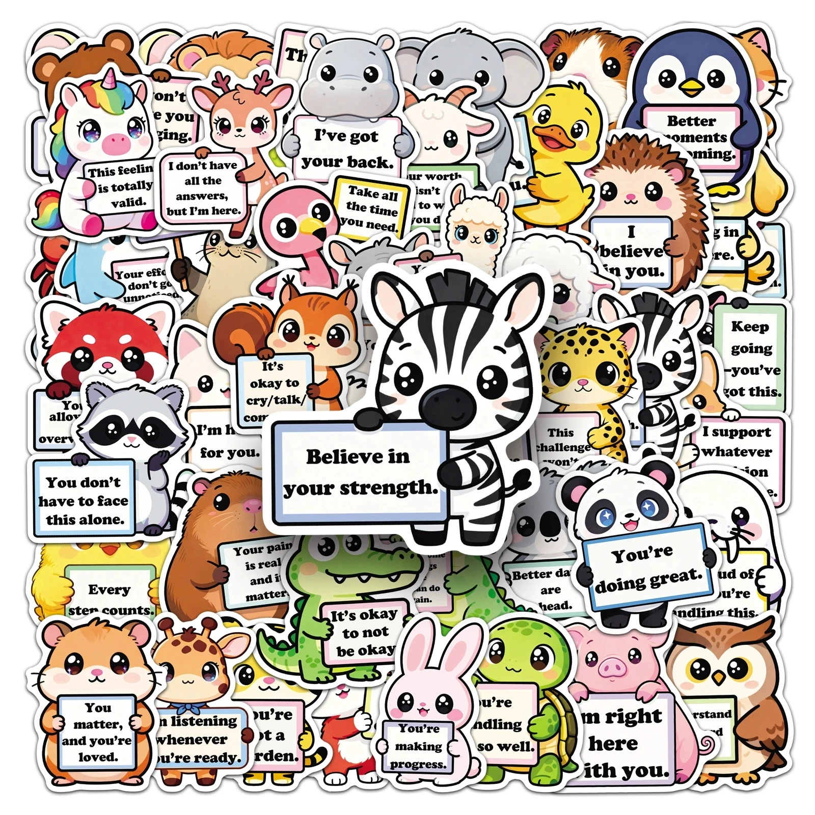 50 PCS Animal Emotional Support Stickers English Word Slogan Cute Cartoon Decals for Stationery Journal Water Bottle DIY