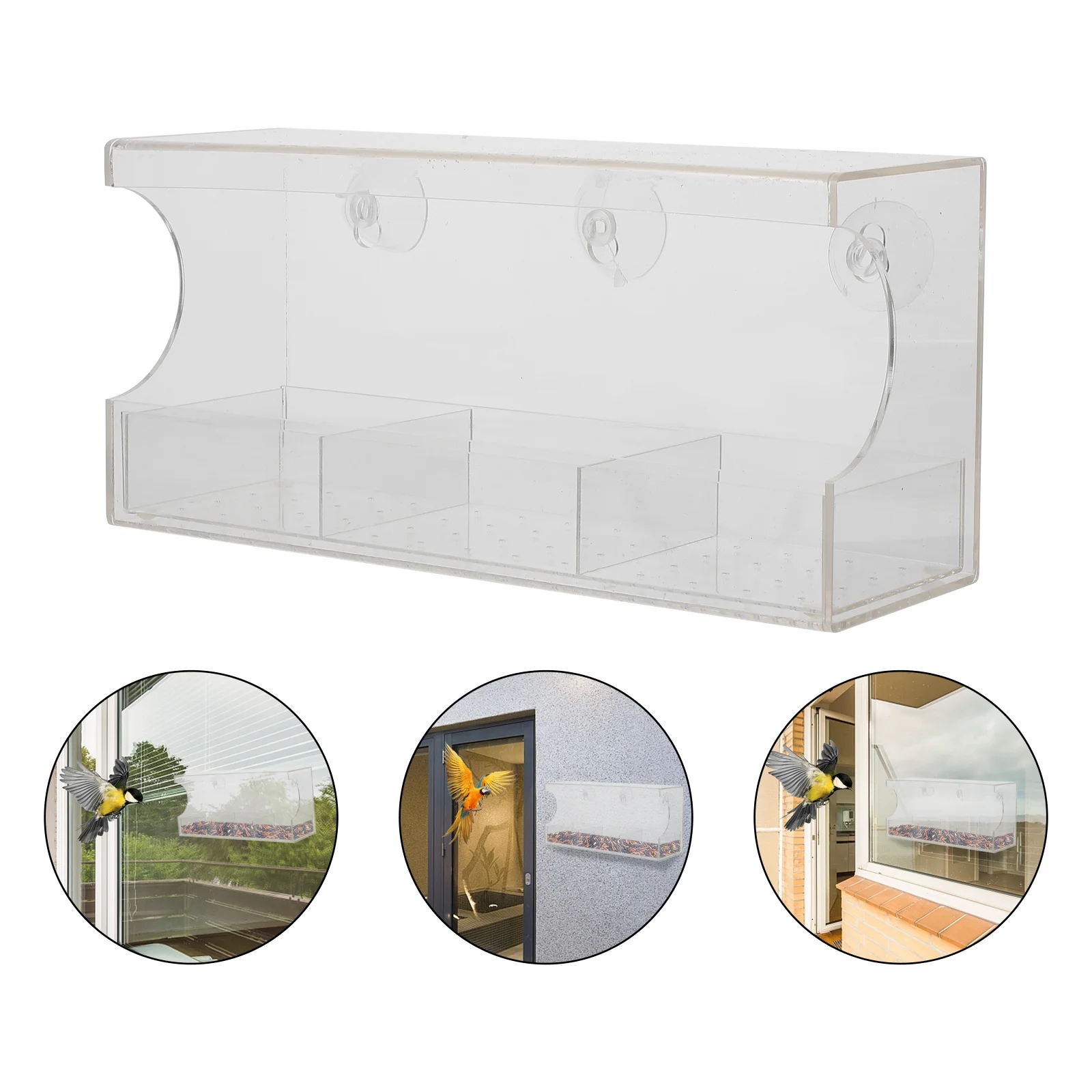 

Outdoor Bird Feeder with Suction Cups Transparent Acrylic Construction Weatherproof for Window Garden Courtyard