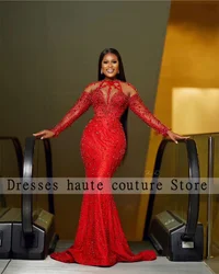 Aso Ebi Luxury Red Beaded Lace Mermaid Evening Dresses 2024 With Long Sleeve Crystal African Wedding  Dress Formal Prom Gowns