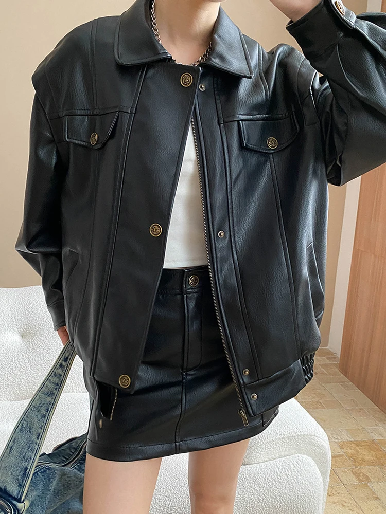 YERMORA Vrouwen Koffie PU Leer Vintage Jas Revers Lange Mouw Twee Delige Set Half Body Rok Mode Tij Lente Herfst 2025