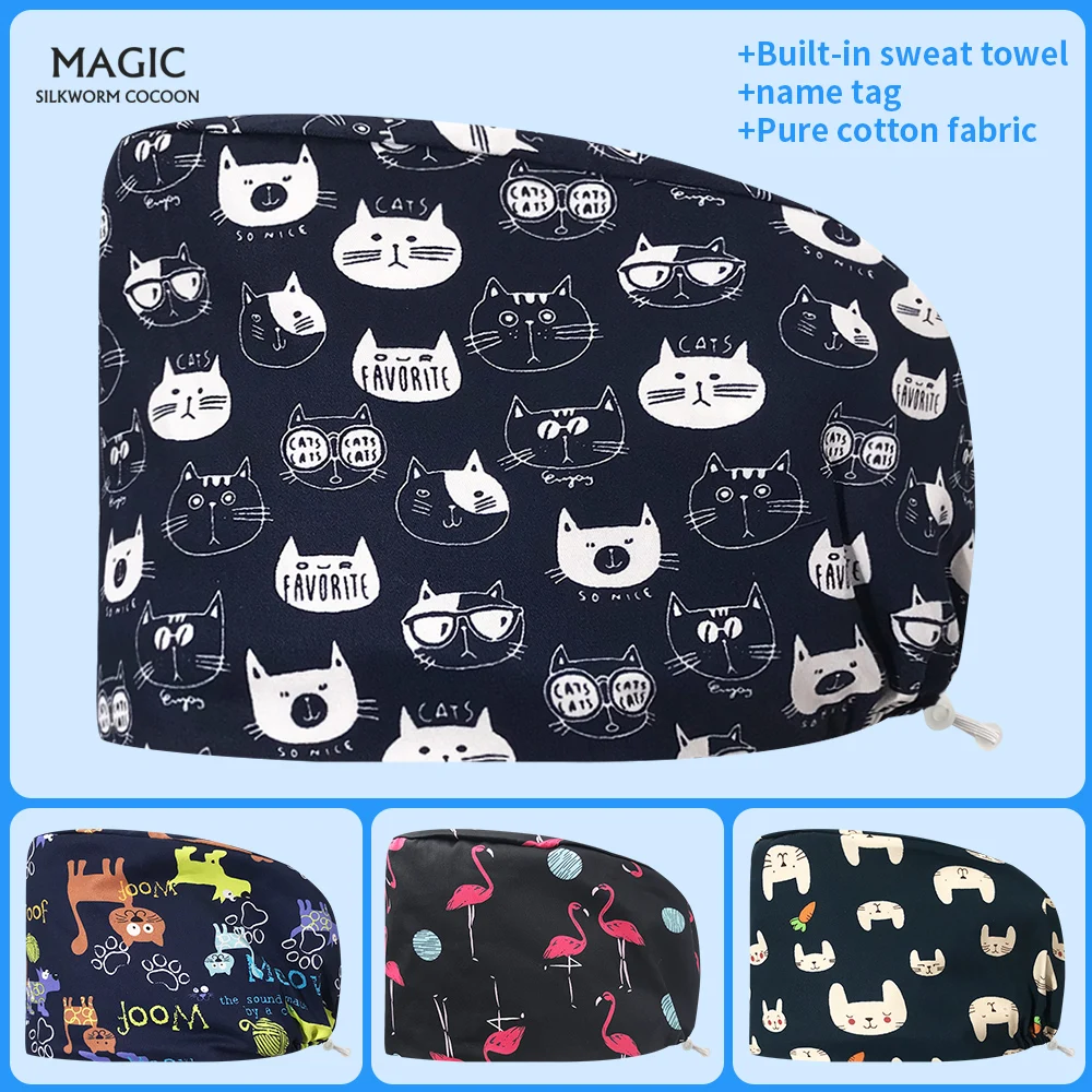 Anime Cartoon Print Pet Clinic Veterinária Chapéu, Algodão Multicolor Operating Room Scrub Cap, Wholesale Enfermeira Cap, Acessórios médicos