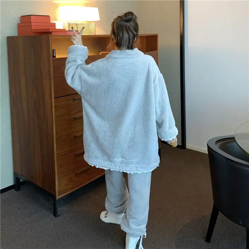 Autumn New Fashion lace edge Nightclothes Women Pajamas Coral Fleece Thickened Warm Two-Piece Suit Loose Casual Home Wear