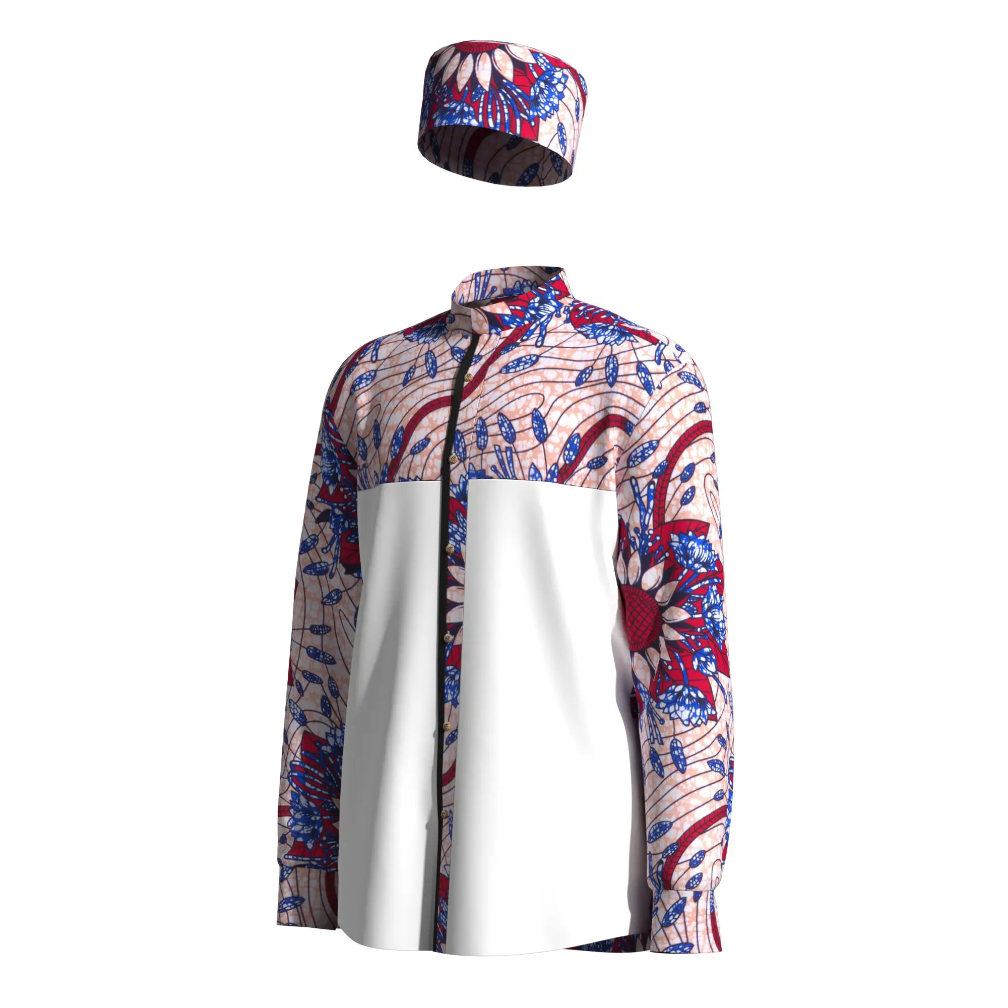 African Print Men 2Pcs Outfit, Spliced Suit Fabric Long Sleeve Shirt & Matching Cap, Multi Colors  WYN2206