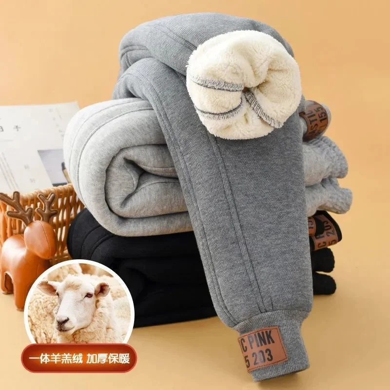 Kids Lambswool Padded Pants Boys Girls Thickened Warm Trousers Children's Autumn Winter Outside Clothes Teen Casual Sports Pants