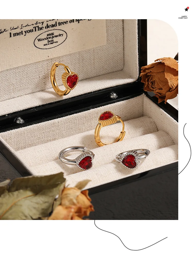 Shiny Red Love Heart Zircon Stainless Steel PVD Gold Plated Hoop Earrings Daily Fashion Accessories Girft for Studendts Women