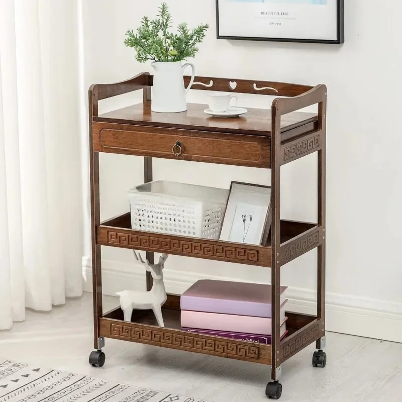 

SS Beauty trolley Shelf Tool cart Bamboo solid wood three-layer hair and nail salon locker