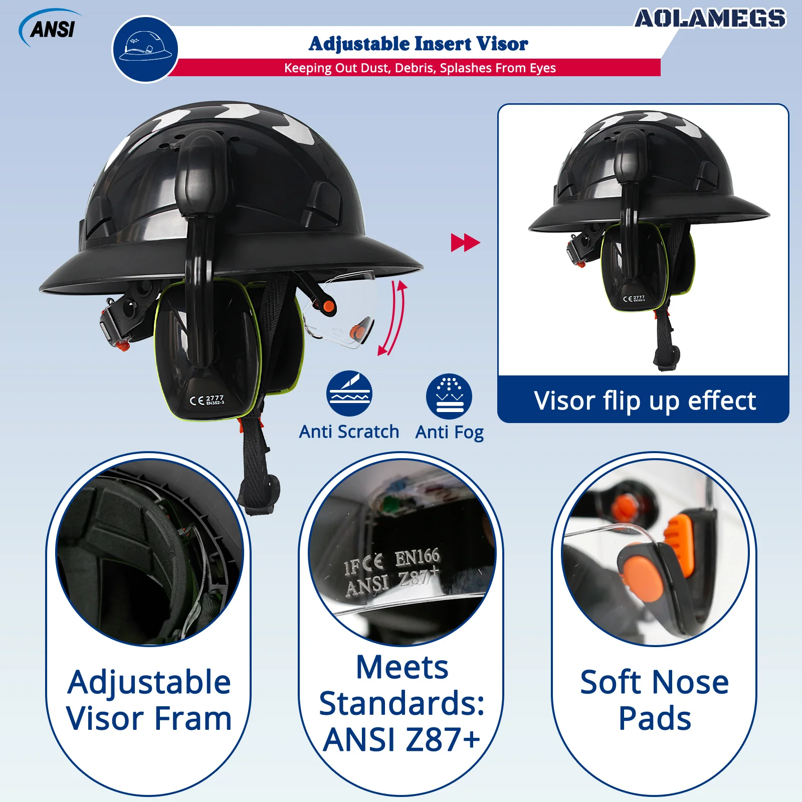 CE Full Brim Hard Hat W/ Built In Goggles Earmuffs Reflective Stickers ANSI Safety Helmets Construction Site Engineer Work Cap