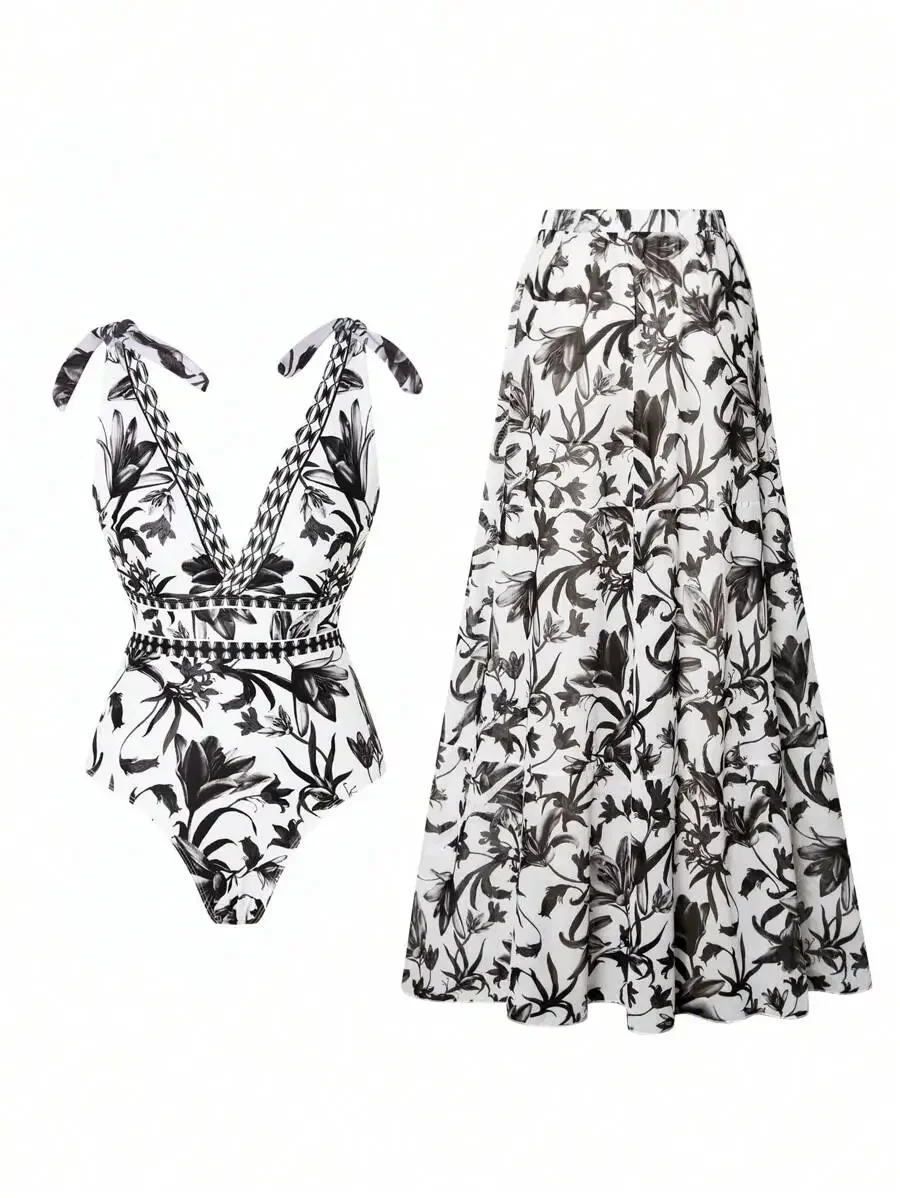 

V-Neck Halter Backless One-Piece Swimsuit With Floral Print Sheer Skirt Women Summer Beach Outfit