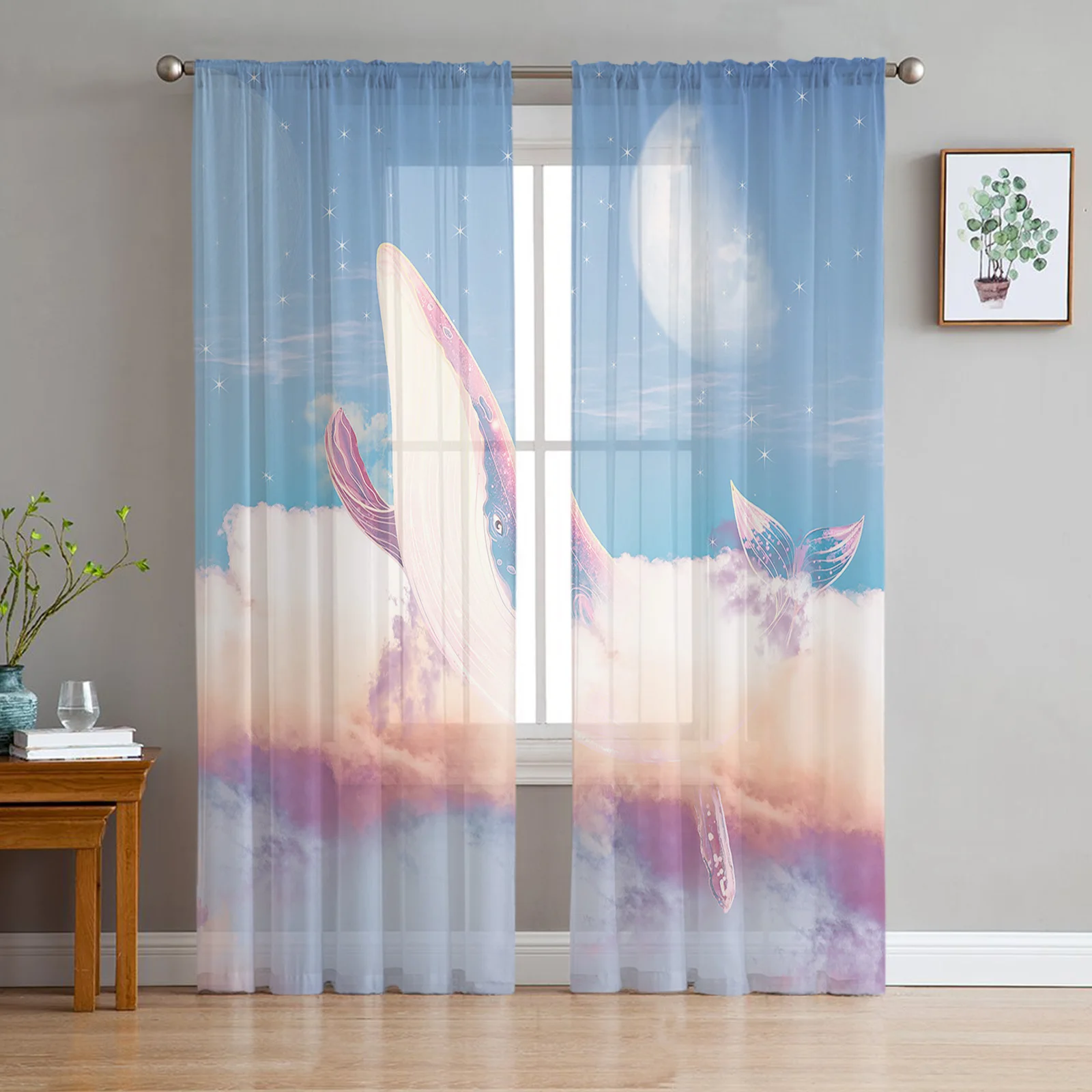 Starry Sky Whale Star River Clouds Bedroom Transparent Sheer Curtains Holiday Decoration Window Voile Tulle Curtain