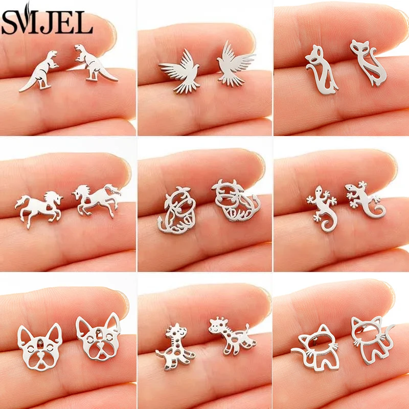 SMJEL Mini Stainless Steel Animal Stud Earrings for Women Dinosaur Eagle Cat Dog Horse Lizard Earings Piercing Jewelry Xmas Gift