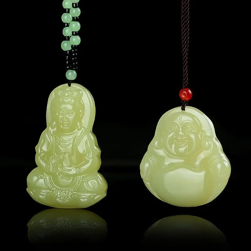 Natural Green Jade Guanyin Buddha Pendant Necklace Charm Jewellery Fashion Hand-Carved Man Woman Luck Gifts Amulet New