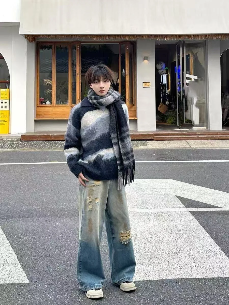 

Свободный трикотаж в американскую полоску в стиле ретро для мужчин, осень-зима, ленивый дизайн, цветной свитер с цветочным воротником, верхняя одежда