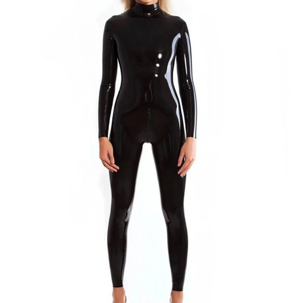 

Women Lady Sexy One Piece Bodysuit Faux Leather Long-sleeved High Neck Catwalk Performance