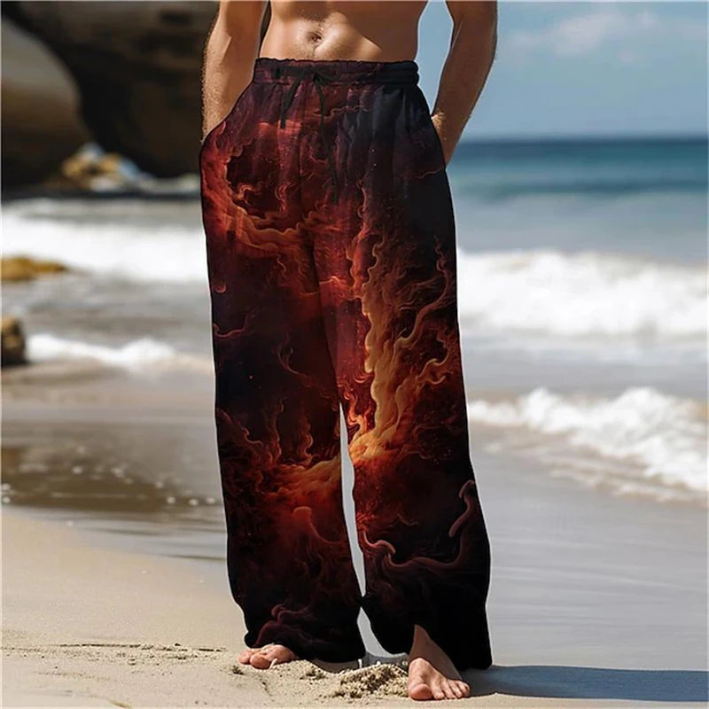 2026 New Men's Red Smoky Swirl Print Drawstring Pants Relaxed Loose Fit Perfect for Everyday Wear and Beach Vacations