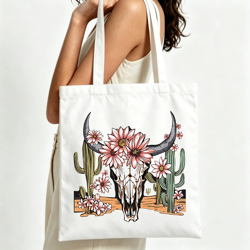 floral skull and cactus print canvas tote bag, Western boho style for casual daily use and summer outings